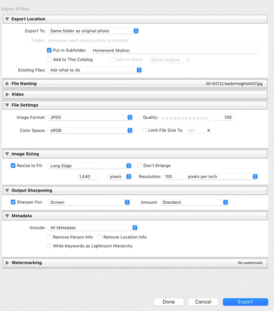 Export Settings in Adobe Lightroom Classic for Homework.