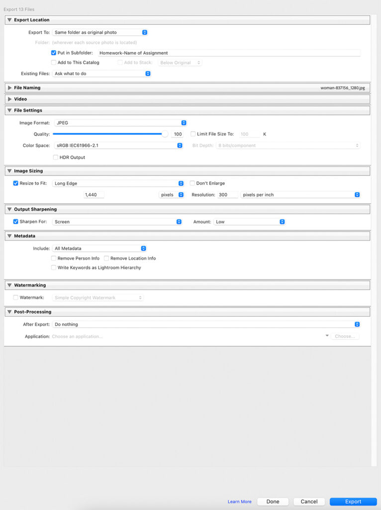 homework settings for lightroom classic export